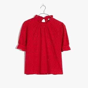 Madewell Embroidered Eyelet Ruffle-Neck Keyhole Top